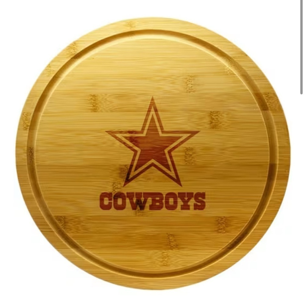 Cowboys Bamboo Cutting Board Lazy Susan Spinning Circle Wood Charcuterie NEW